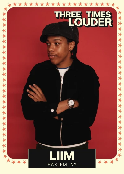 Young artist in a black jacket and cap, standing with crossed arms against a red background with star border, promoting THREE TIMES LOUDER from Harlem, NY.