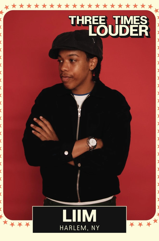 Young artist in a black jacket and cap, standing with crossed arms against a red background with star border, promoting THREE TIMES LOUDER from Harlem, NY.