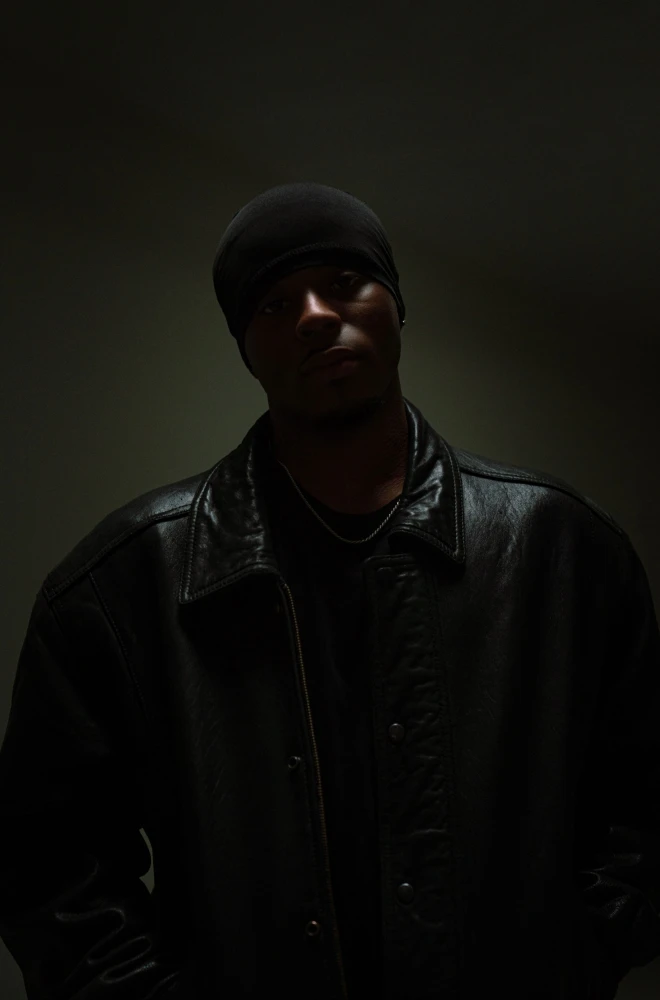 Dark, moody portrait of a person wearing a black leather jacket, standing against a shadowy background with minimal lighting highlighting their silhouette.