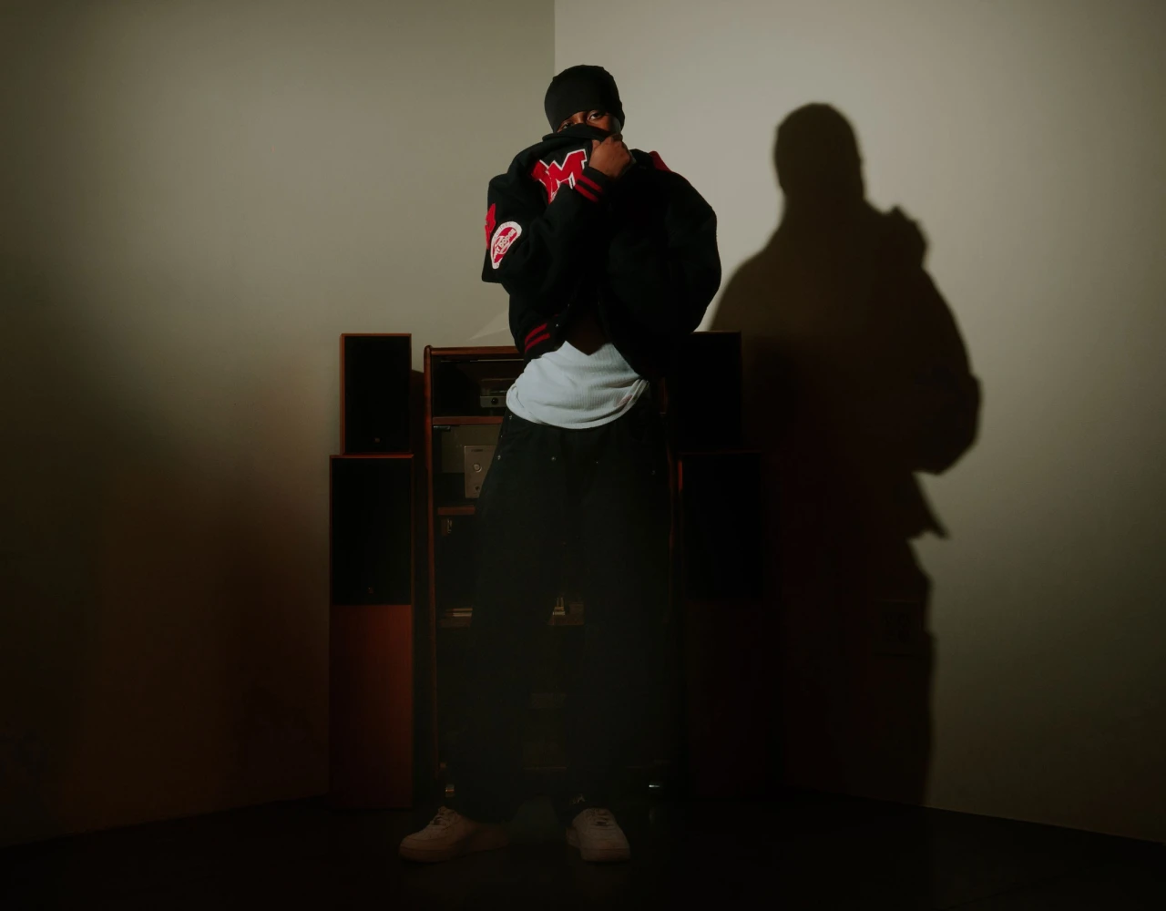 A person in dark clothing stands near a side table, casting a dramatic shadow on the wall while wearing boxing gloves and a white shirt.