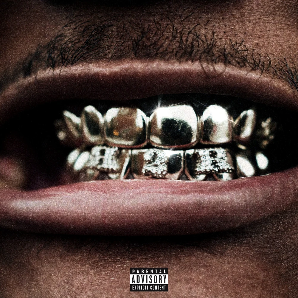 Close-up of a mouth with metallic grills covering the teeth, set against a textured skin background. Parental advisory logo is visible at the bottom of the image.